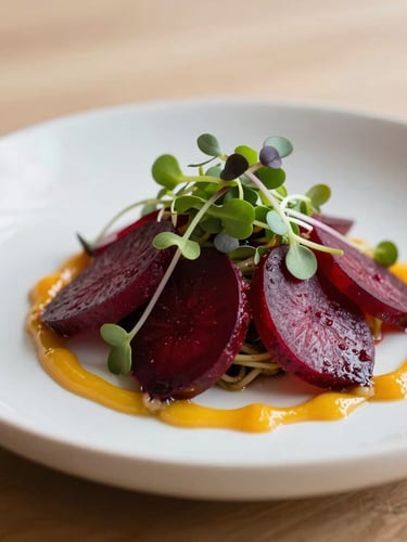Macro shot of a meticulously plated heirloom beet salad with microgreens and citrus reduction, soft natural side daylight, shallow depth of field, 35mm