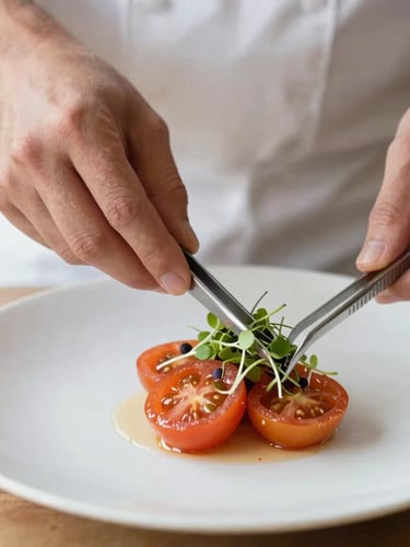 Close-up of a chef's hands placing micro-greens on a beautifully plated heirloom tomato dish with tweezers, soft natural side-light, warm caramel tones, shallow depth of field