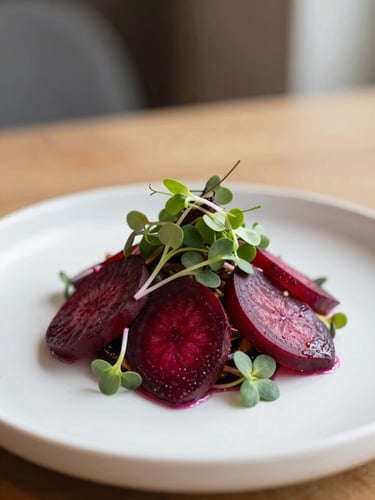 Macro shot of a meticulously plated heirloom beet salad with microgreens, soft natural side light, shallow depth of field, 35mm