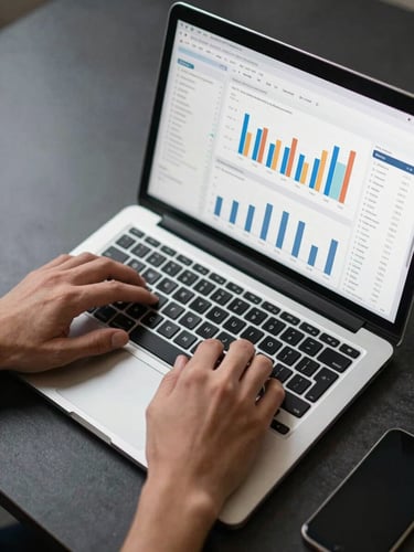 Close overhead shot of a developer's hands on a laptop keyboard, a real analytics dashboard visible on screen with bar charts and conversion rate metrics, cool studio lighting, dark desk surface, data flowing