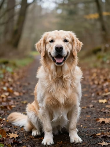 Candid shot of a happy golden retriever sitting on a leafy trail in Portland, soft overcast daylight, shallow depth of field, 35mm