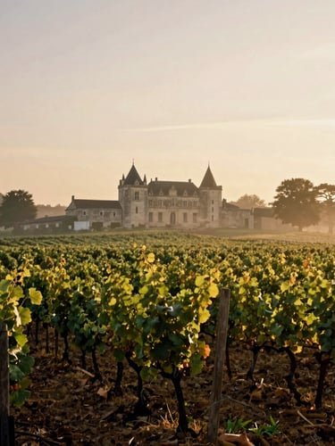Misty morning vineyard landscape in Bordeaux, historic stone estate visible in the distance, warm editorial photography, cinematic 35mm film