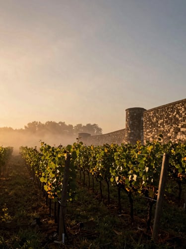 Misty morning vineyard landscape in deep wine tones, low-angle golden hour daylight, historic stone wall visible on the right, cinematic 35mm film