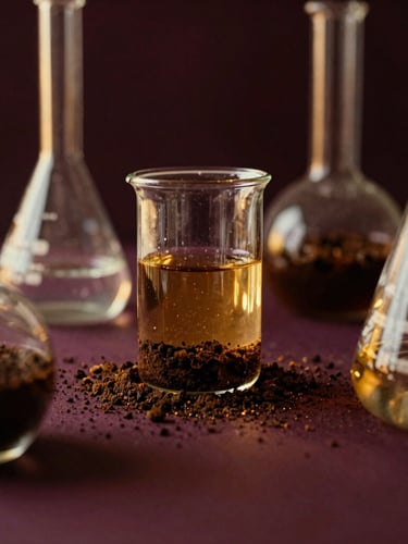 Abstract representation of soil chemistry, warm golden light reflecting on glass laboratory instruments containing earth samples, dark elegant background