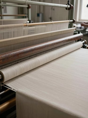 Wide shot of industrial textile looms in motion, high-contrast side-lighting, emphasizing the intricate machinery and raw fabric rolls, with a technician observing from a distance.