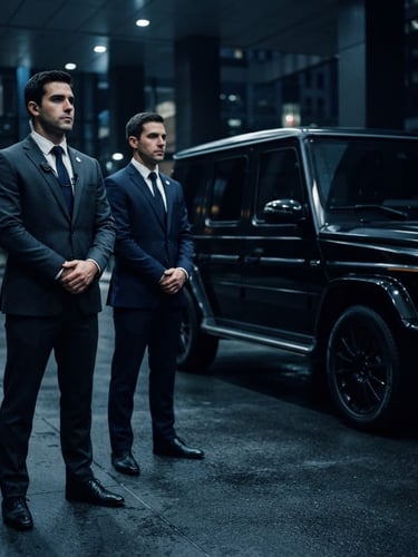 Professional security personnel in sharp corporate attire, standing alert, with a sleek, unmarked black executive SUV in the background, low-key dramatic lighting, cool tones, 35mm.