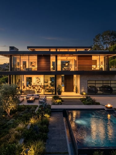 Wide shot of a modern luxury home exterior at dusk, warm interior lights, architectural lines, no people, deep navy sky, golden hour