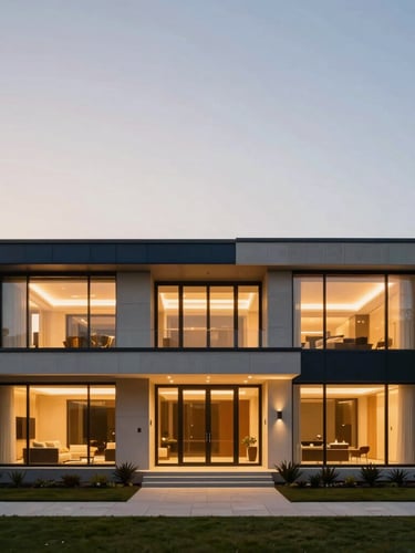 Straight-on architectural elevation of a modern luxury estate at dusk, warm interior lights glowing through expansive glass walls, clean lines, minimalist landscaping, 35mm photography