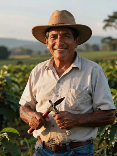 Plano medio de un caficultor local sonriente en su finca en Colombia, sosteniendo herramientas de trabajo bajo una luz natural cálida de la tarde.