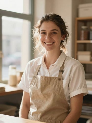 Portrait of a local baker smiling in her shop, warm morning light, natural framing