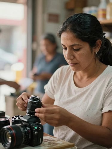 Primer plano de manos de una mujer comerciante local organizando su negocio bajo luz natural cálida, transmitiendo cercanía y honestidad.