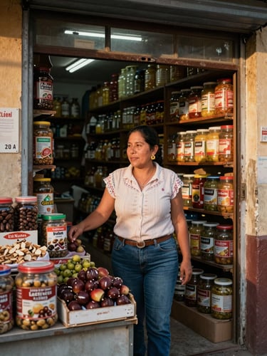 Plan medio de una mujer comerciante en su tienda local de abarrotes, luz natural de la tarde entrando por la ventana, ambiente cálido y auténtico.