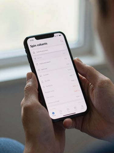 Close up of hands holding a mobile phone displaying a clean financial application, soft window light illuminating the screen
