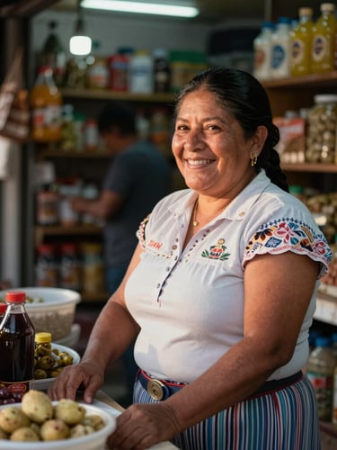 Plano medio de una comerciante local sonriendo en su tienda de abarrotes, iluminada por luz natural de la tarde, ambiente cálido y comunitario.