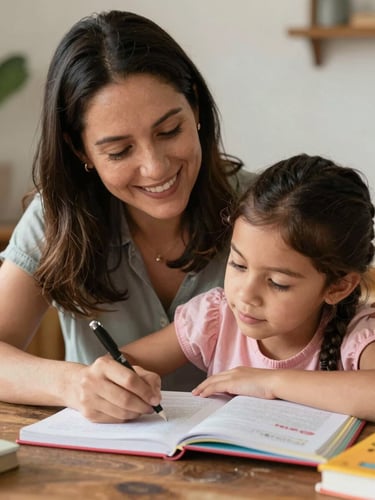 Close-up portrait of a smiling Colombian mother helping her young daughter study with colorful textbooks at a rustic wooden table, soft natural side lighting.