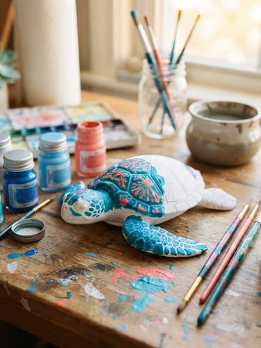 A bright, sunny artist studio table with paintbrushes, small paint jars in shades of ocean blue and coral, and a partially painted 3D-printed sea turtle figurine, warm morning light