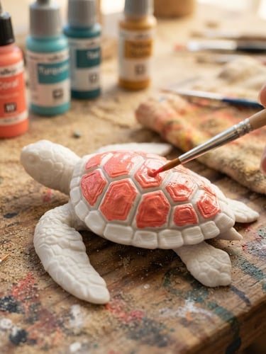Close-up of a fine paintbrush applying vibrant coral paint to a 3D printed sea turtle figurine, warm morning sunlight, shallow depth of field, 50mm lens, sandy workshop background