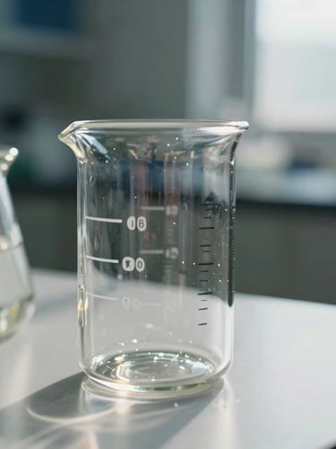 Macro shot of clean laboratory glassware with natural sunlight reflections, pure clinical aesthetic.