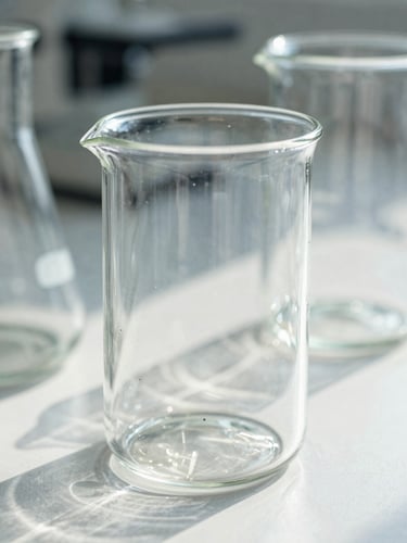 Macro close-up of clean laboratory glassware with natural shadows in bright daylight, representing scientific precision and clinical-grade analysis.