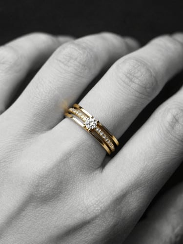 Macro close-up portrait of a hand wearing multiple delicate gold bands and a micro-pave diamond ring, crisp studio lighting, high-contrast