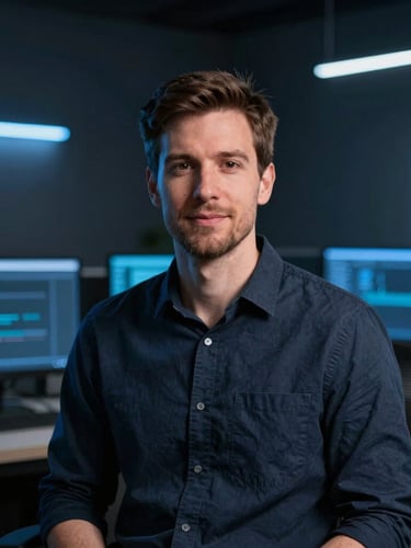 Professional and approachable portrait of a male IT consultant in a modern, dark workspace, soft blue accent lighting, looking directly at the camera, sharp focus, 35mm