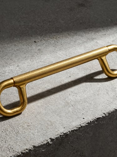 Stark industrial product photography of a heavy knurled brass pull bar resting on raw gray concrete, high-contrast side-lighting, sharp focus, 50mm lens