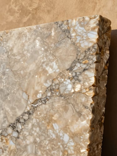 Dramatic architectural close-up of a premium honed Sinai pearl marble slab leaning against a warm sand-colored wall, high-contrast side-lighting highlighting the intricate natural veining, 35mm photography