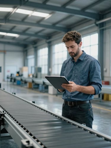 Industrial editorial photography, cool natural warehouse light, desaturated blue tones, a software engineer with a rugged tablet standing next to a conveyor belt system in a modern logistics center, sharp focus, 35mm lens.