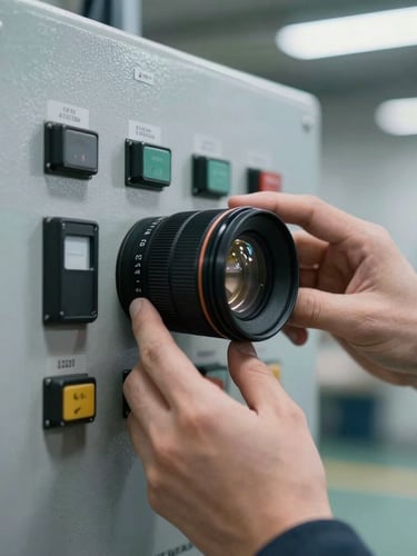 Close-up macro shot of hands interacting with a ruggedized industrial control panel, natural fluorescent warehouse lighting, sharp focus, 35mm lens, slate gray tones.