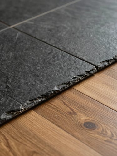 Close-up detail shot of a zero-threshold transition where dark slate tile meets warm engineered oak flooring, natural low-angle side-lighting emphasizing the tactile relief and seamless alignment.