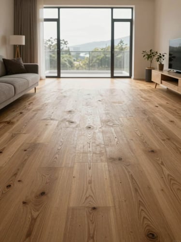 Straight-on architectural elevation of a modern living room featuring wide-plank engineered oak flooring, natural side-lighting from a large window casting soft shadows, minimal furniture, clean lines.
