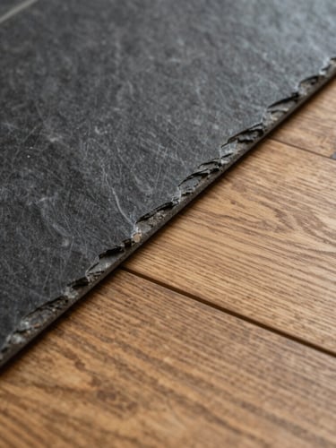 Macro detail shot of a zero-threshold transition where dark slate tile meets warm engineered oak flooring, perfectly level, natural side-light highlighting the wood grain and stone texture.