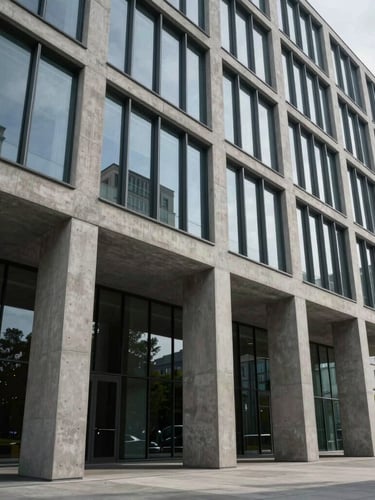 Wide architectural angle of modern concrete and glass building facade, dramatic clean shadows, overcast daylight, minimalist composition