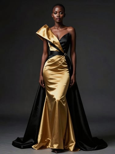 editorial fashion photography, portrait of a Rwandan woman in a structured gold and black silk gown, dramatic high-contrast studio lighting, sharp focus, 35mm