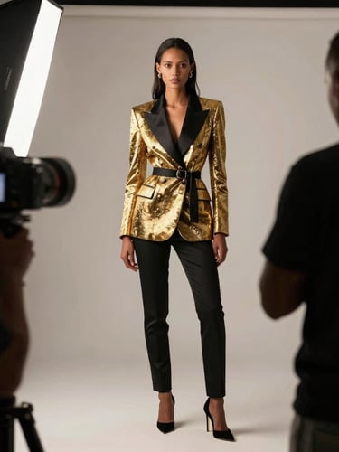 editorial fashion photography, behind the scenes of a high-fashion photoshoot in Kigali, studio lighting, camera equipment visible, luxurious black and gold tones, 35mm