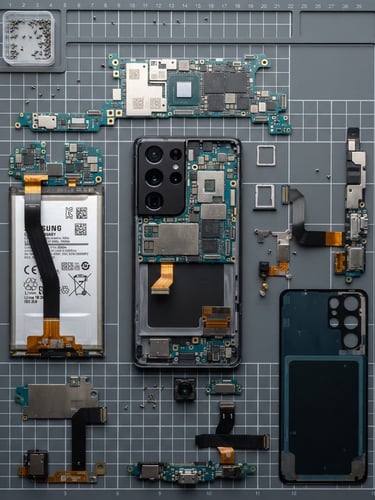 Top-down flat-lay of disassembled consumer electronics on a dark gray technical grid mat, bright high-key studio lighting, macro details of ports and silicon chips