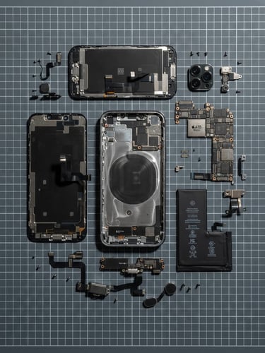 Top-down technical flat-lay of disassembled premium smartphone components on a slate gray grid mat, bright high-key studio lighting, sharp shadows