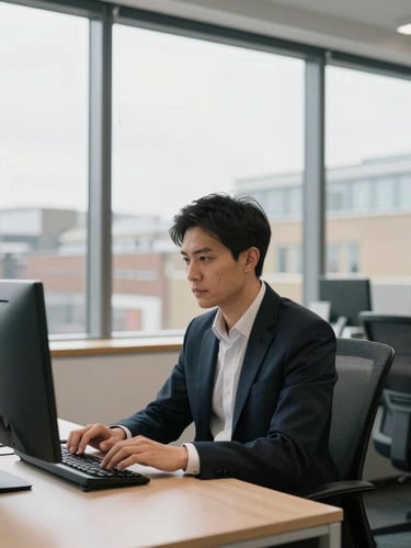 A clean, bright modern corporate office in London, natural overcast daylight through large windows, a professional sitting at a desk typing on a keyboard, soft focus background, documentary editorial style.