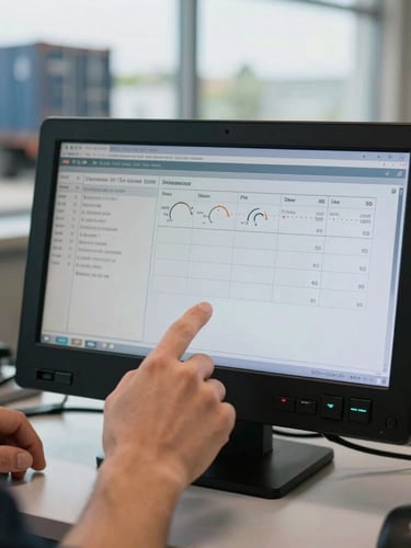 Close-up of a transport manager's hands reviewing digital tachograph data on a screen in a modern logistics office, natural daylight, sharp focus