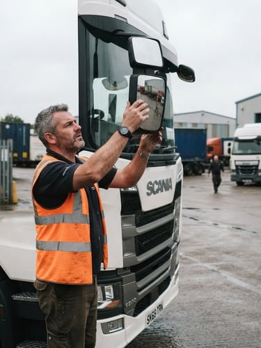 A professional HGV driver in a high-visibility vest adjusting the side mirror of a modern truck cab, natural overcast daylight, documentary style, authentic workplace setting