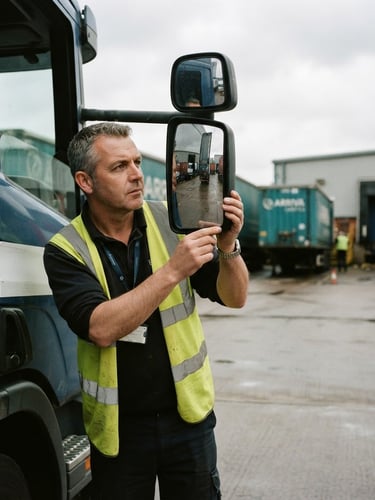 A close-up of a professional HGV driver in a high-visibility vest checking his side mirror, natural overcast daylight, sharp focus, authentic UK logistics yard setting.