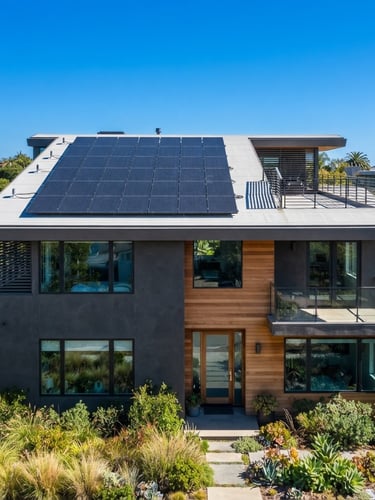 Crisp architectural photography of a modern residential home with high-efficiency monocrystalline solar panels on a flat roof, bright direct sunlight, sharp shadows, clear blue sky, 35mm lens
