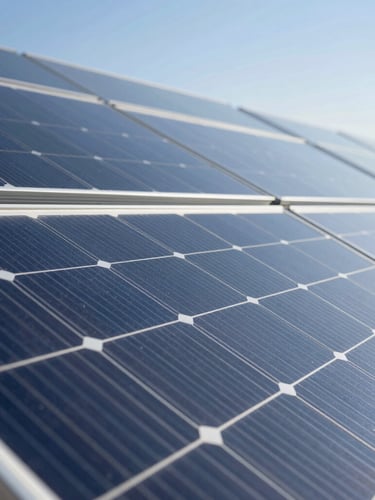 Close-up detail of a premium monocrystalline solar panel cell structure under bright direct sunlight, crisp lines, geometric technical pattern.