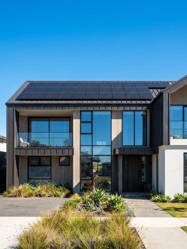Crisp architectural photography of a modern residential building with sleek black solar panels on the roof, bright direct sunlight, sharp shadows, clear blue sky.