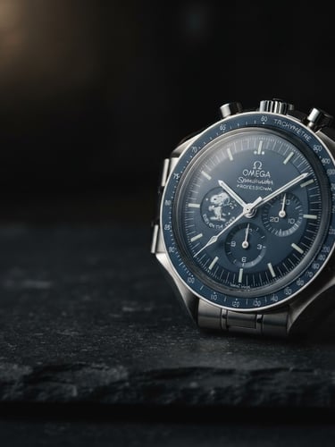 Cinematic shot of a high-end luxury watch on a dark, textured surface, with dramatic low-key lighting emphasizing reflections and intricate details, generous negative space to the left, editorial style.