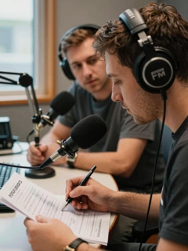 Close-up of two radio hosts in a small FM studio, one with headphones on leaning toward the mic, the other reviewing a handwritten program sheet, warm daylight from a side window, intimate and candid, tactile analog equipment visible