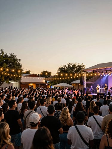 Wide shot of a packed outdoor concert in a small Argentine town plaza at dusk, crowd gathered under warm string lights, a live band visible on stage to the right third, golden hour glow washing the scene
