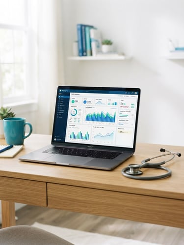 Bright editorial photography, natural daylight, a modern clean office desk with a laptop displaying health charts, a stethoscope resting nearby, vibrant blue and green accents, 35mm