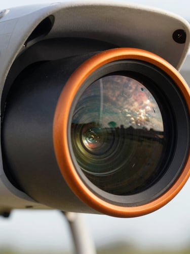 Close-up of a drone thermal sensor lens, high-contrast technical detail, metallic orange accents, reflections of a grid pattern on the glass, cool-toned lighting.