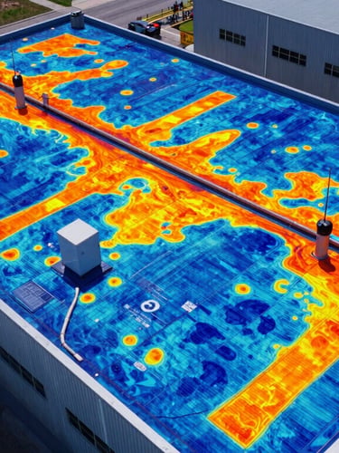 Top-down orthomosaic thermal map of a commercial warehouse roof, high-contrast cool blue and bright orange heat signatures, sharp technical telemetry markings.